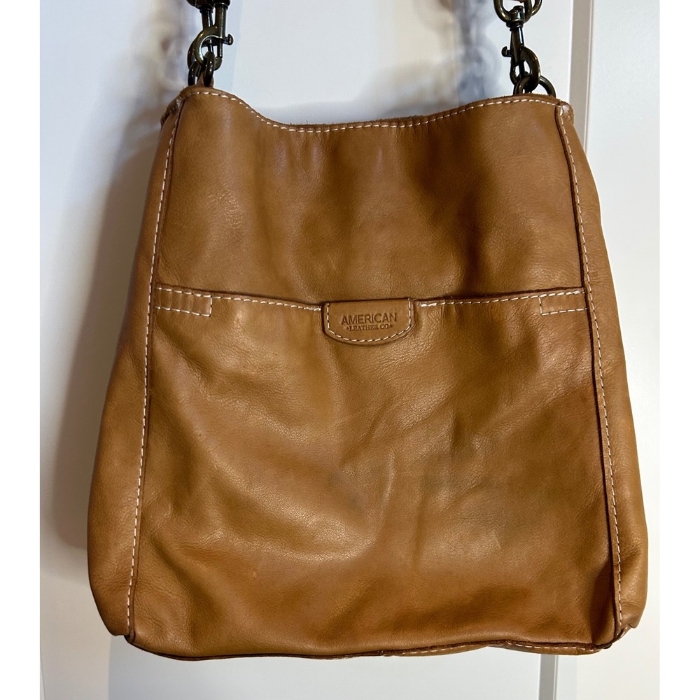 American Leather Co Triple Entry Bucket Hobo Shoulder Bag Contrast Stitching